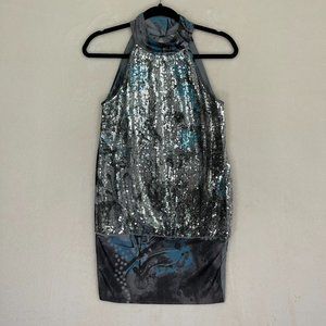 Studio Y Sequin Silver & Dark Gray Blue Sleeveless Party Dress Women's Sz Small